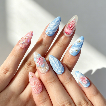 Pastel Beach Press On Nails, Pink Blue Jellyfish Starfish Nails on Hand