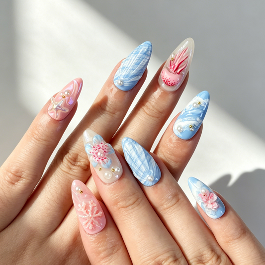 Pastel Beach Press On Nails, Pink Blue Jellyfish Starfish Nails on Hand