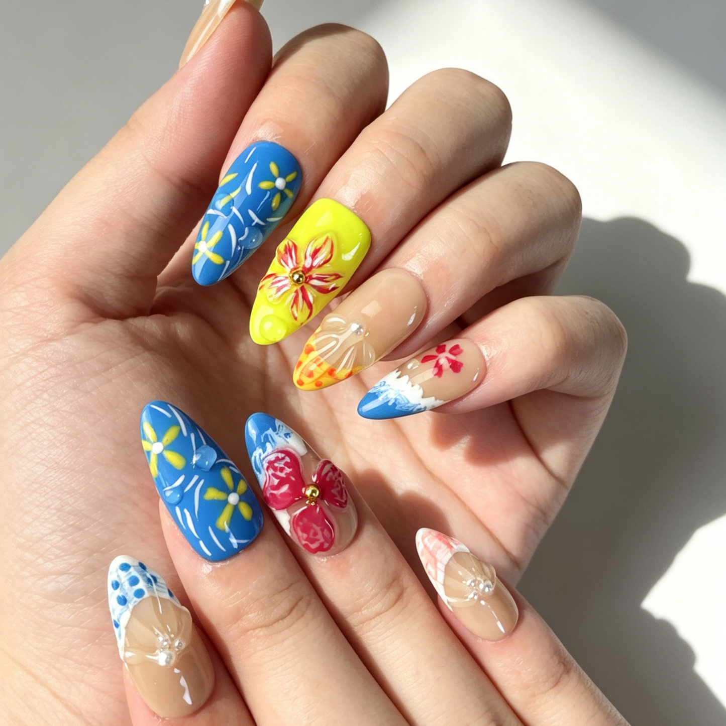 Close Up Beach Nail Art, 3D Multicolor Flower Wave Pearl Embossed Decor