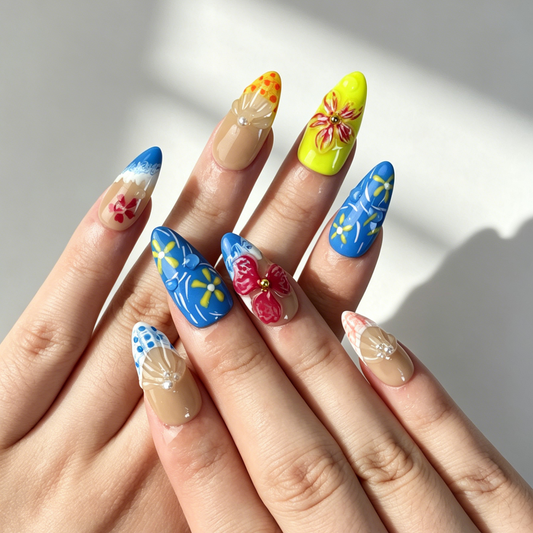 Bright Tropical Press On Nails, Blue Yellow Pink Floral Ocean Wave Nails on Hand