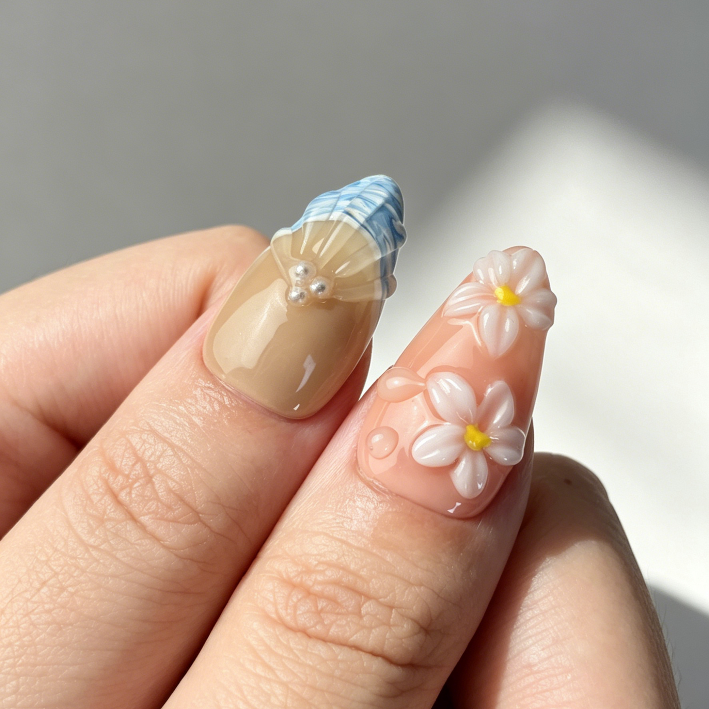 Vibrant Summer Floral Press On Nails, Medium Almond Nude Fake Nails