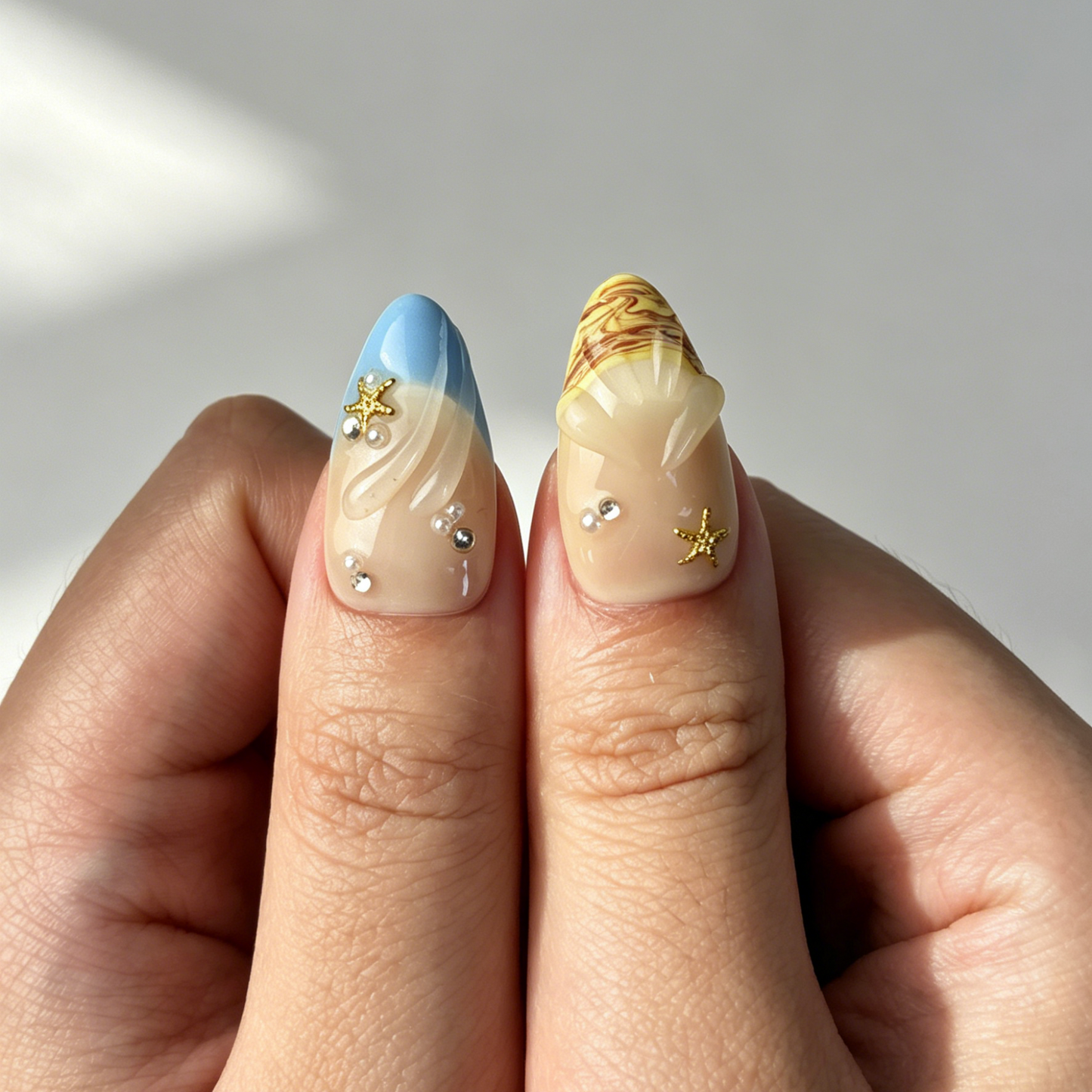 Tropical Plumeria Floral Press On Nails, Medium Almond Nude Beach Starfish Rhinestone Fake Nail Set