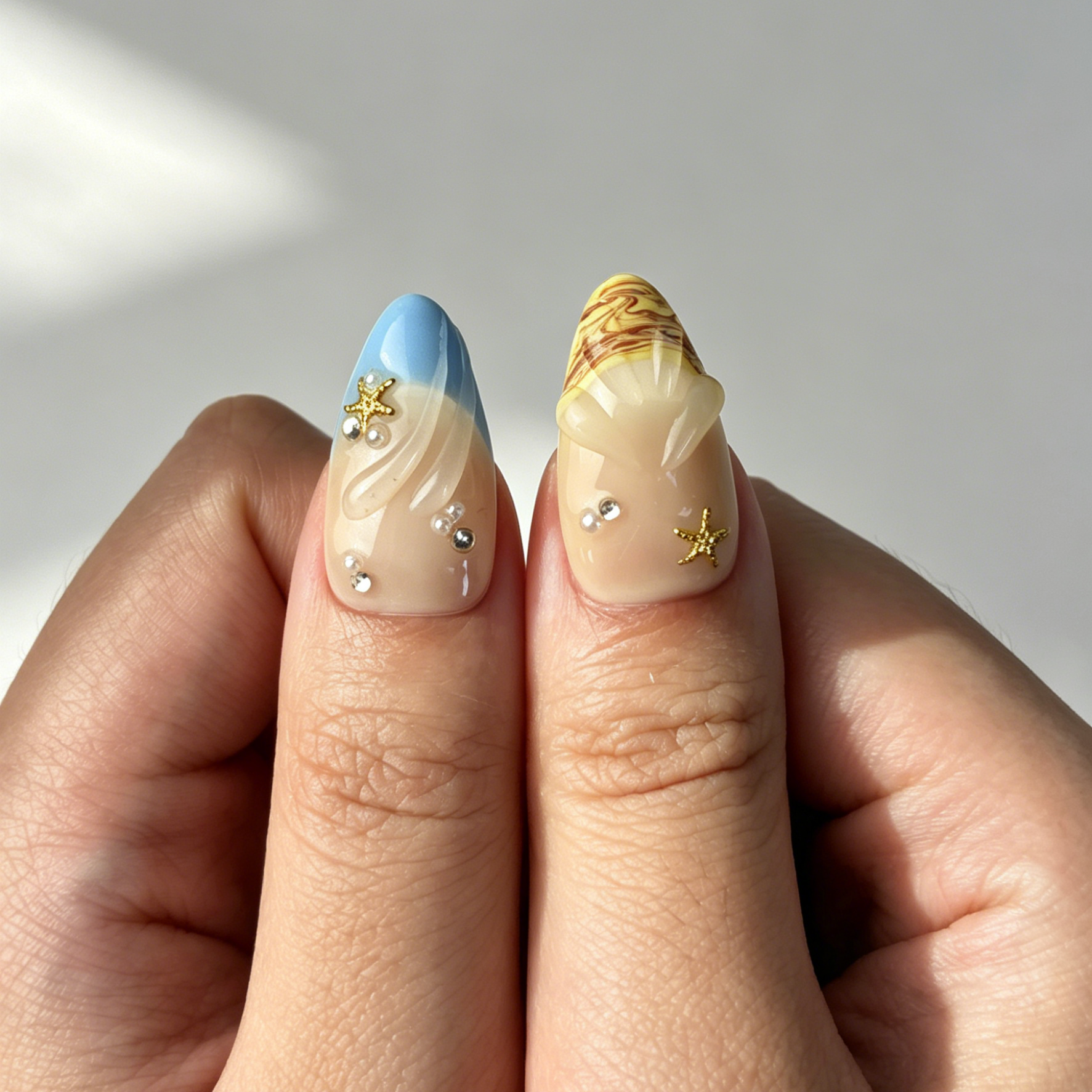 Tropical Plumeria Floral Press On Nails, Medium Almond Nude Beach Starfish Rhinestone Fake Nail Set