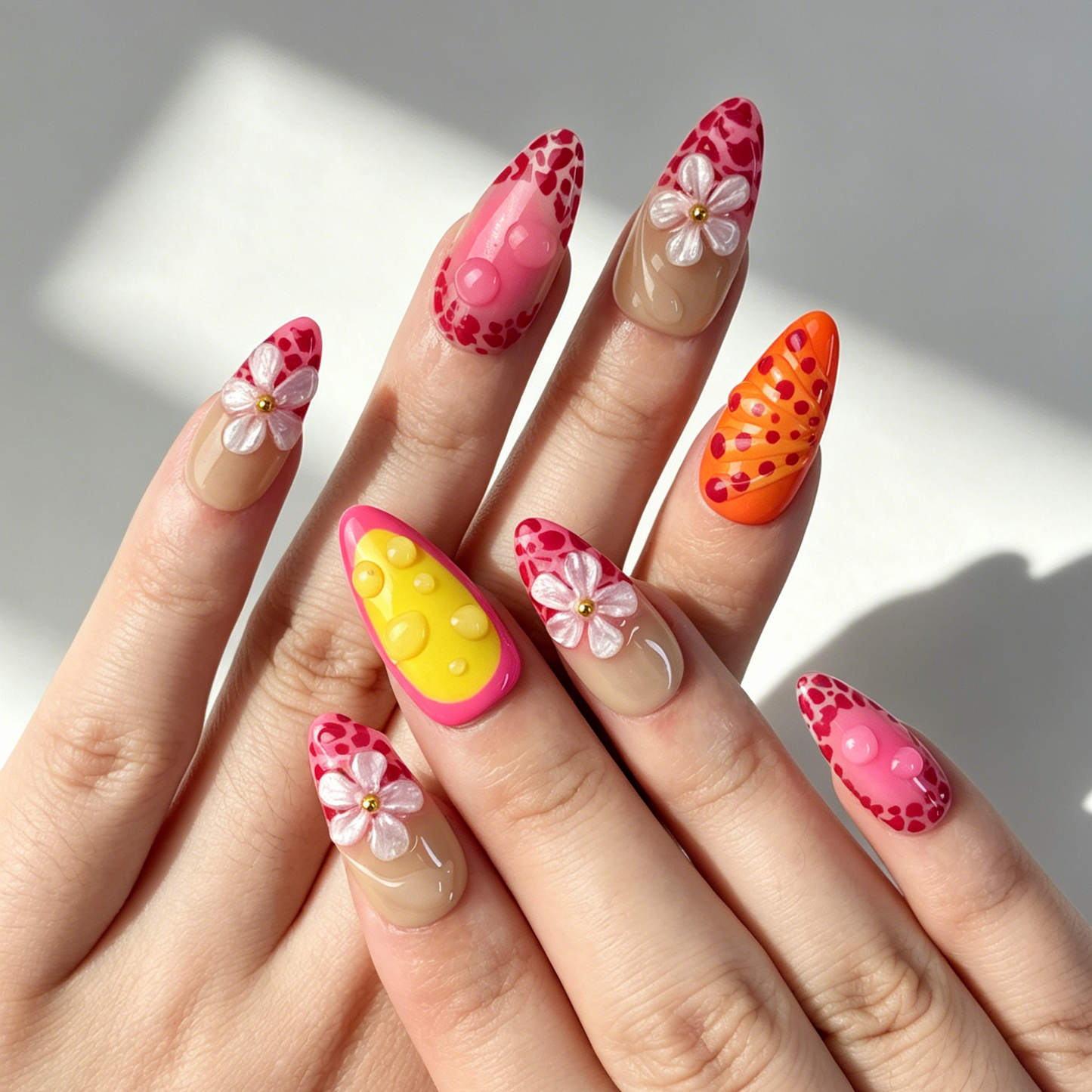 Vibrant Neon Pink Orange Tropical Reusable Fake Nails With 3D White Flower, Leopard & Glossy Dewdrop Decor For Summer Vacation
