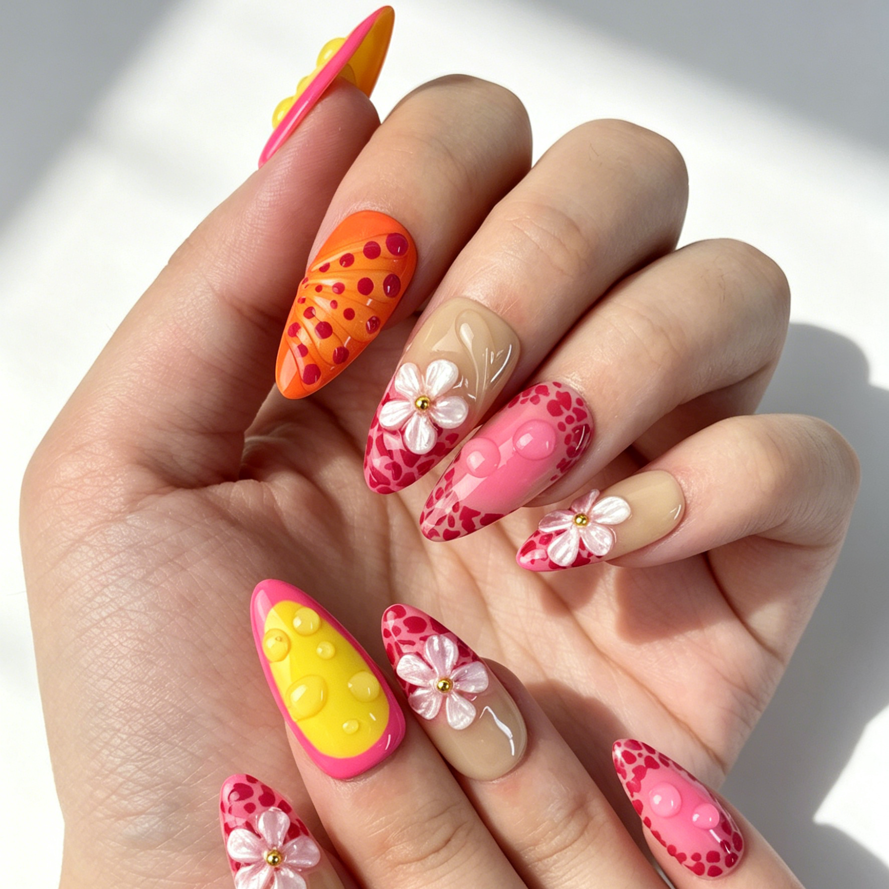 Salon Quality Bright Citrus Hand Painted Press On Nails, Sculpted Dewdrop & Floral Leopard Print Manicure