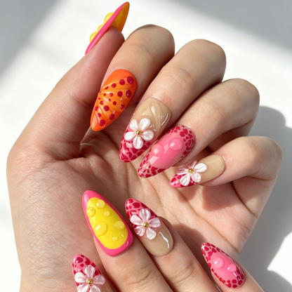 Salon Quality Bright Citrus Hand Painted Press On Nails, Sculpted Dewdrop & Floral Leopard Print Manicure
