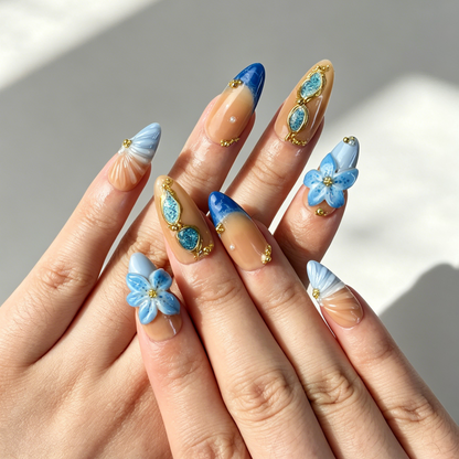 Elegant Orange Blue Gradient Press On Nails, Medium Almond 3D Blue Flower Gold Chain Pearl Nails on Hand, Gentle Nude Reusable Fake Nail Tips