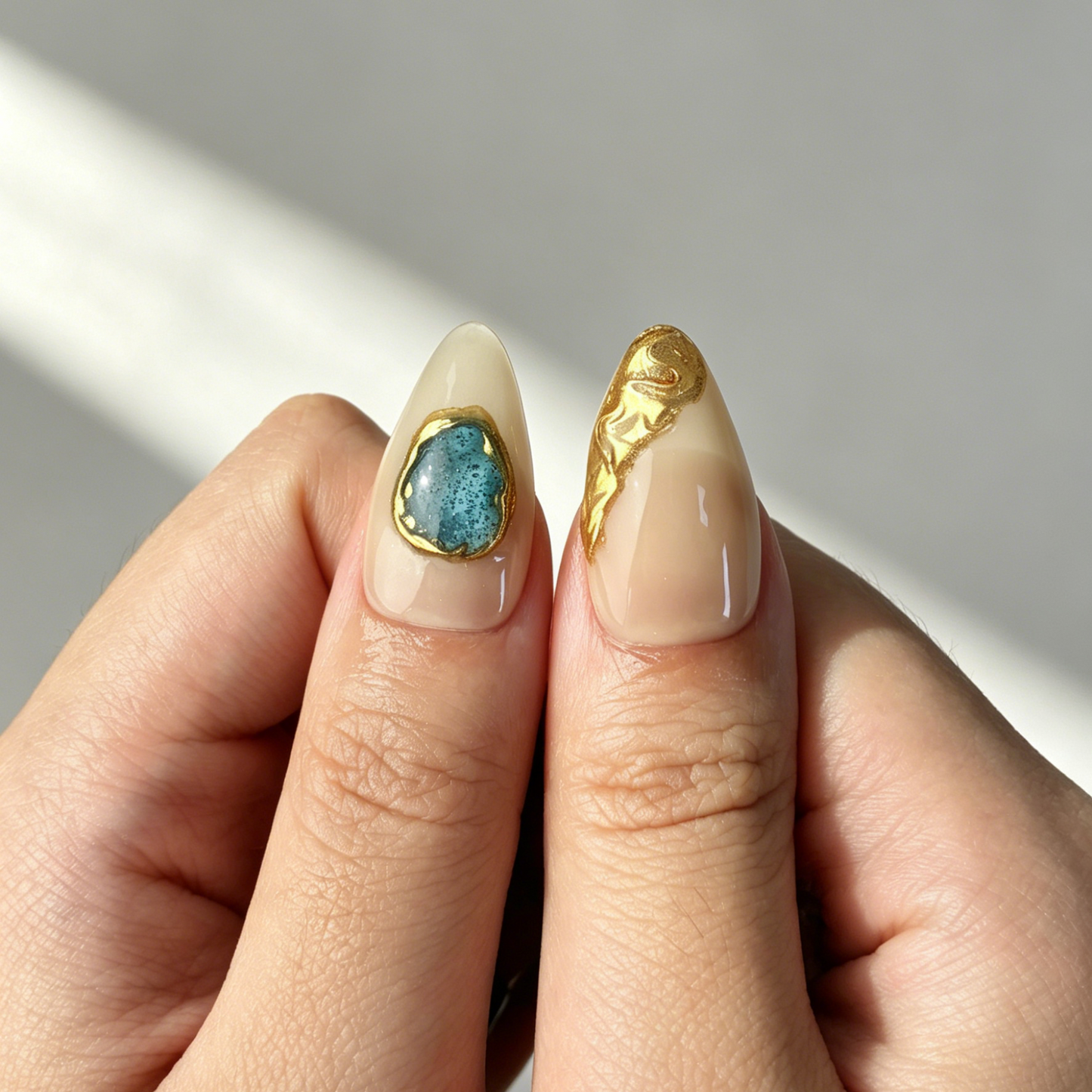 Celestial Star Moon Gold Press On Nails, Medium Almond Nude Blue Glitter Ocean Gem Luxury Fake Nail Set