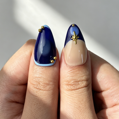 Blue Floral Gold Star Press On Nails, Medium Almond Nude Dark Blue Gradient Bead Elegant Fake Nail Set