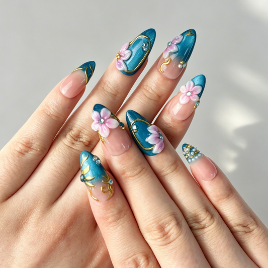 Oriental Blue Gradient Press On Nails, Medium Almond 3D Pink Flower Gold Rhinestone Nails on Hand, Elegant Nude Reusable Fake Nail Tips