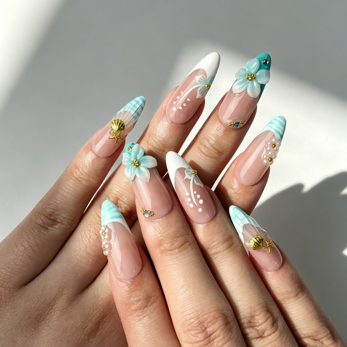 Summer Turquoise Ocean Press On Nails, Medium Almond Nude 3D Flower Starfish Shell Pearl Rhinestone Nails on Hand, Beach Gradient Fake Nail Tips