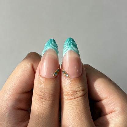 Turquoise Ocean Floral Press On Nails, Medium Almond Nude Summer Starfish Shell Pearl Fake Nail Set