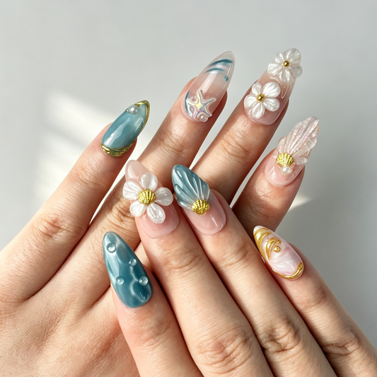 Hand Painted Summer Beach Press On Nails, Medium Almond 3D Shell Starfish Flower Pearl Nails on Hand, Mermaid Gradient Fake Nail Tips