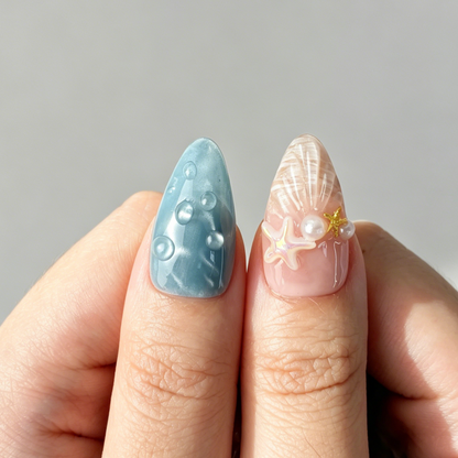 Ocean Mermaid 3D Shell Press On Nails, Medium Almond Summer Starfish Floral Pearl Fake Nail Set