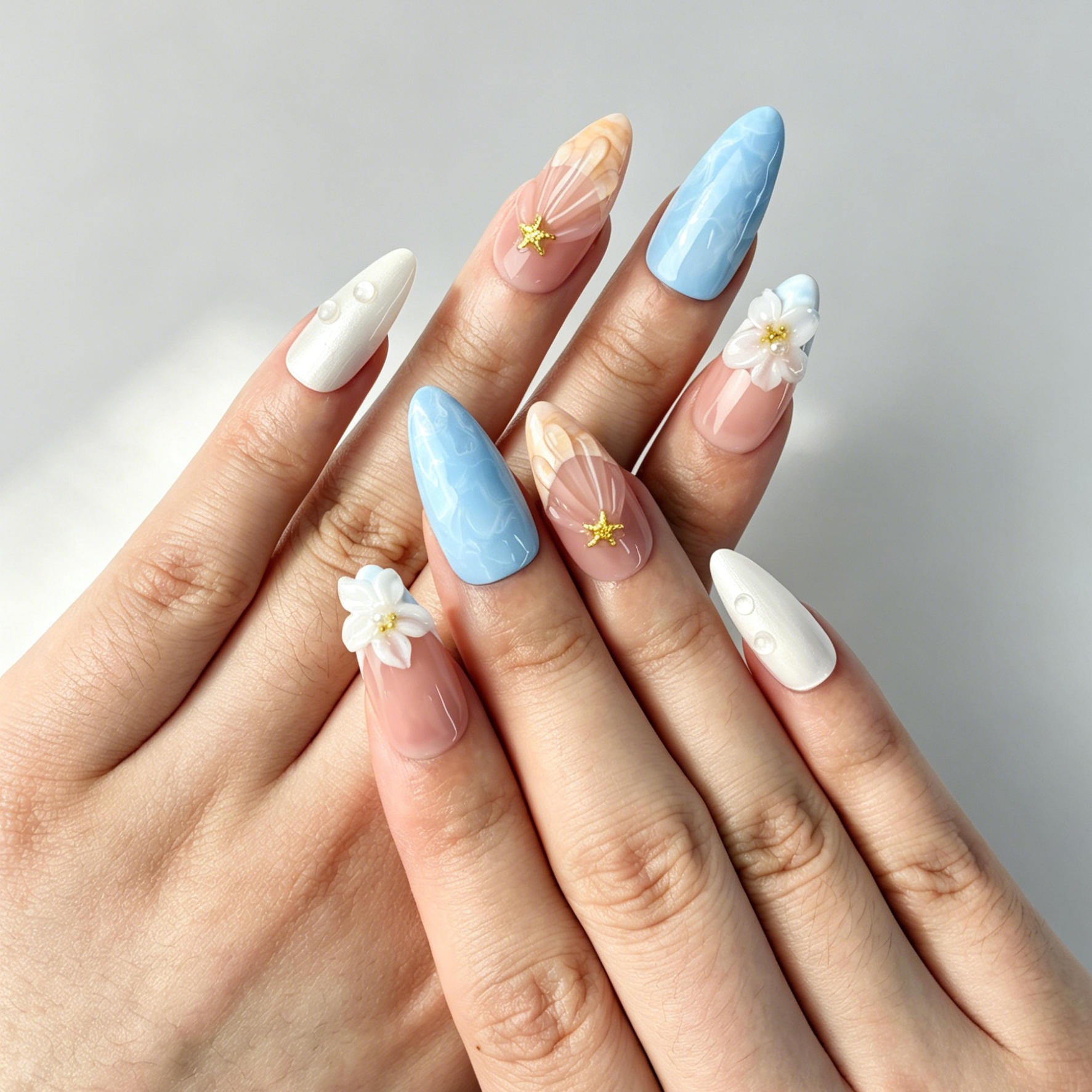 Summer Beach Ocean Press On Nails, Medium Almond Nude Blue Water Wave 3D Floral Starfish Shell Pearl Nails on Hand, Mermaid Gradient Fake Nail Tips