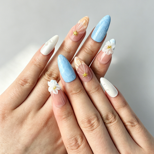 Summer Beach Ocean Press On Nails, Medium Almond Nude Blue Water Wave 3D Floral Starfish Shell Pearl Nails on Hand, Mermaid Gradient Fake Nail Tips