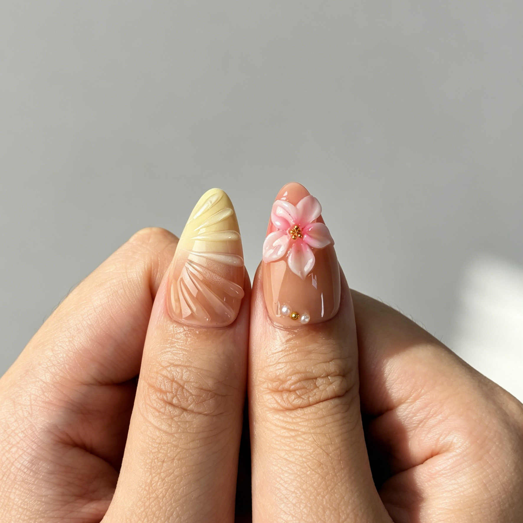Pastel Summer Floral Press On Nails, Medium Almond Nude Fake Nails