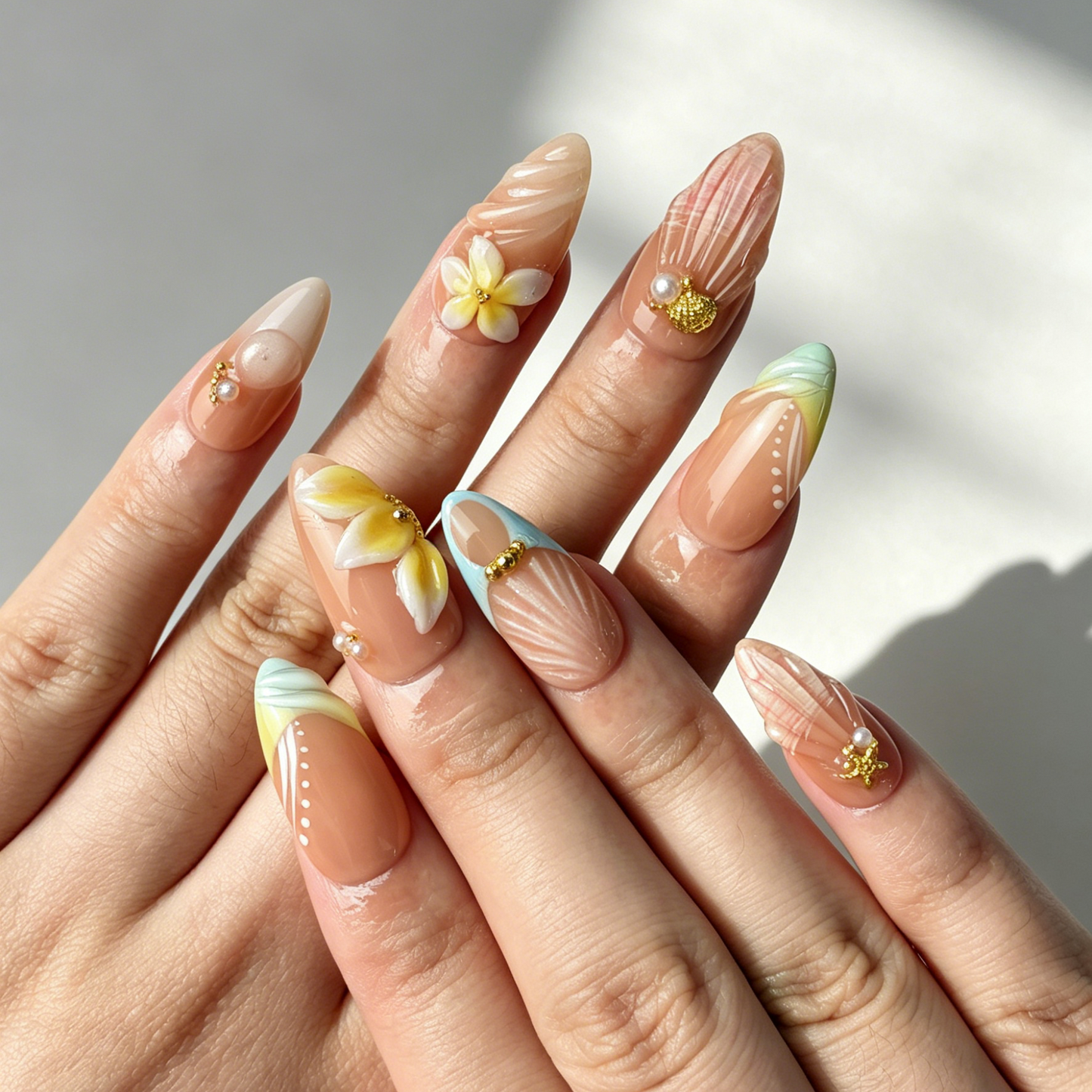Hand Painted Beach Press On Nails, Nude Gradient Plumeria Starfish Nails on Hand