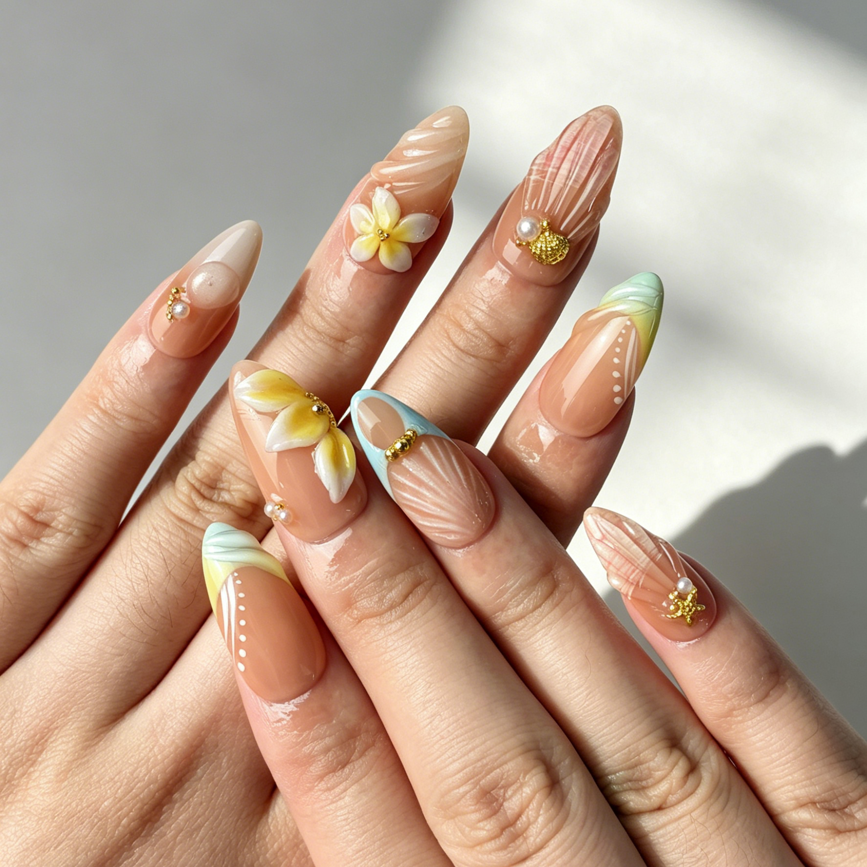 Hand Painted Beach Press On Nails, Nude Gradient Plumeria Starfish Nails on Hand