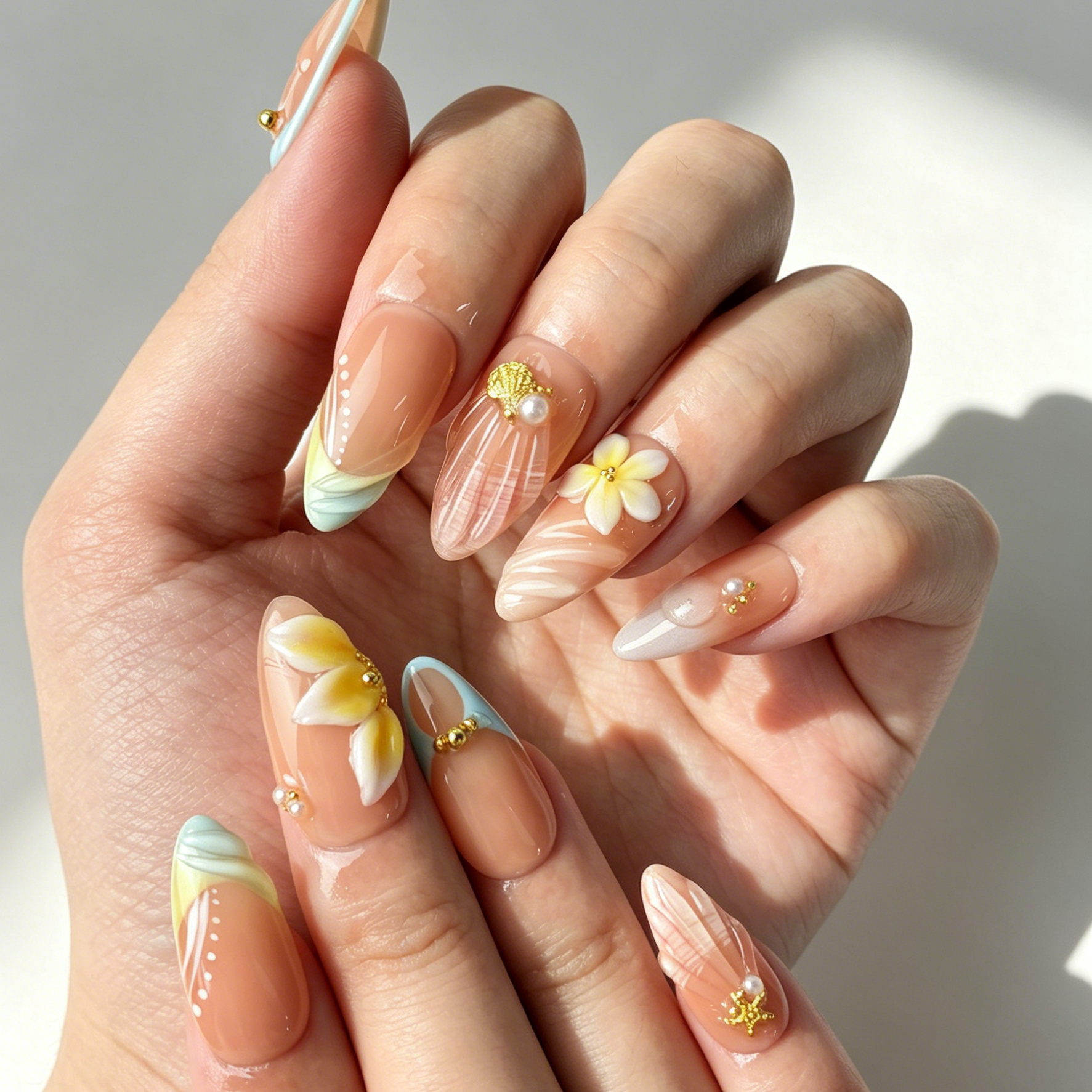 Close Up 3D Ocean Nail Art, Plumeria Flower Starfish Shell Pearl Nail Decor