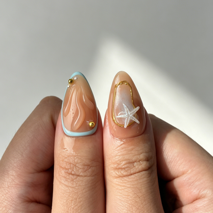 Tropical Beach Plumeria Press On Nails, Medium Almond Starfish Fake Nails