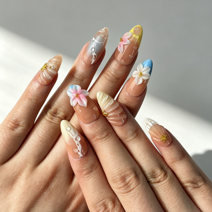 Summer Beach Press On Nails, Nude Gradient 3D Floral Starfish Nails on Hand