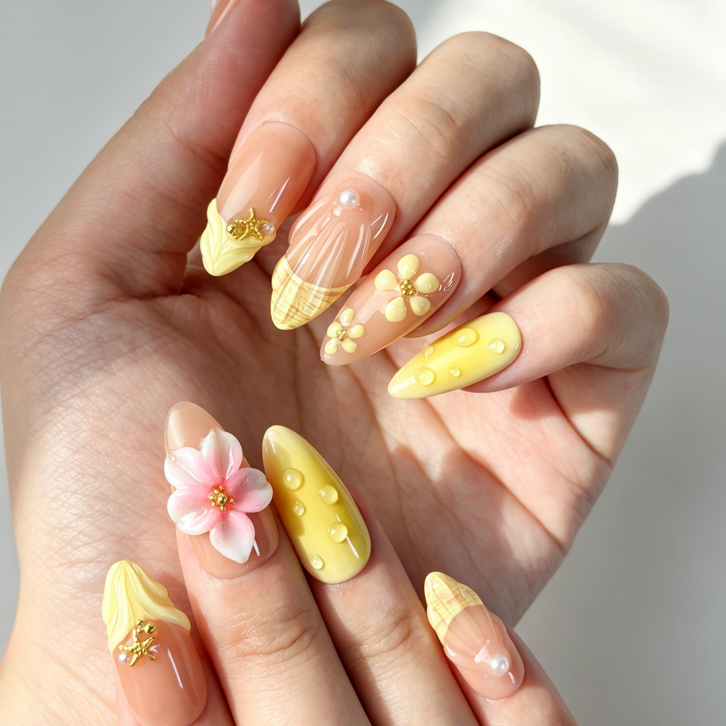 Close Up Nail Art, 3D Pink Yellow Flower Pearl Gold Decor