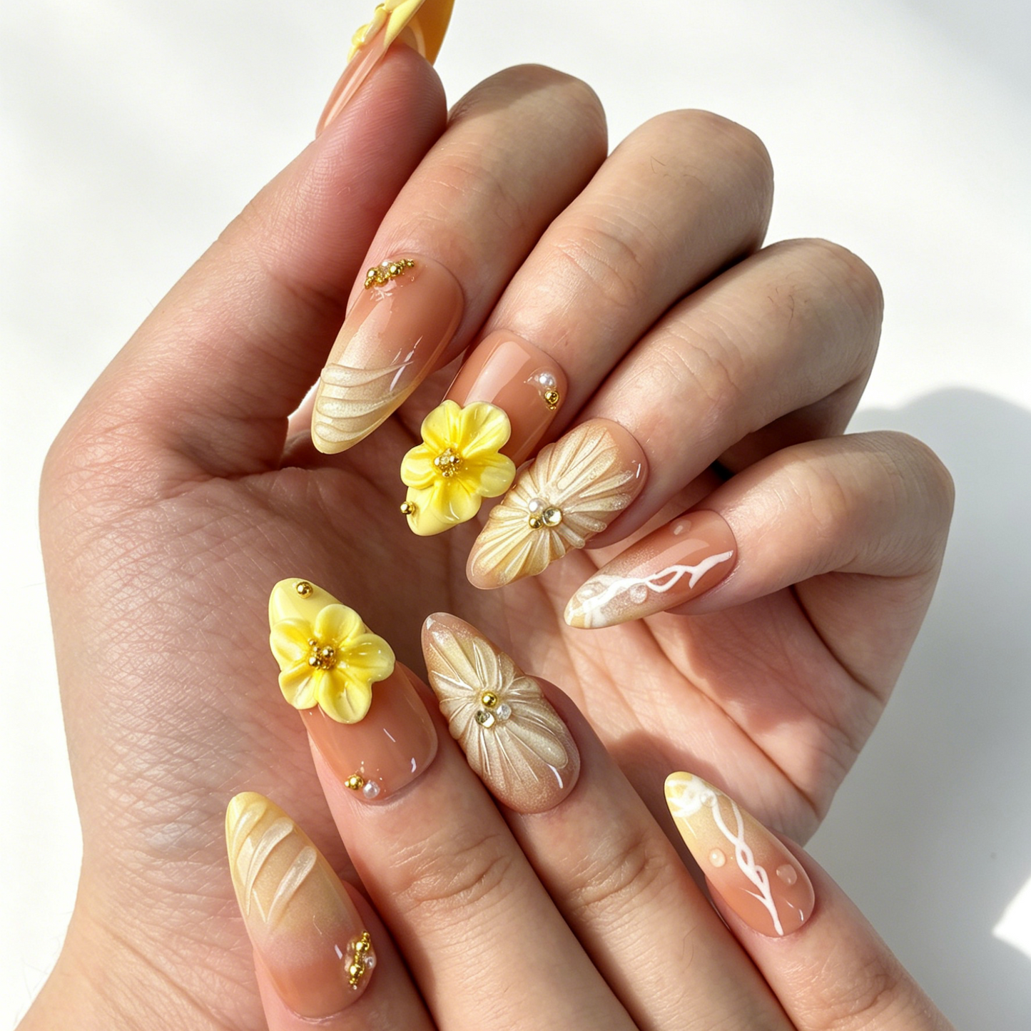 Close Up Nail Art, 3D Yellow Flower Gold Bead Embossed Decor