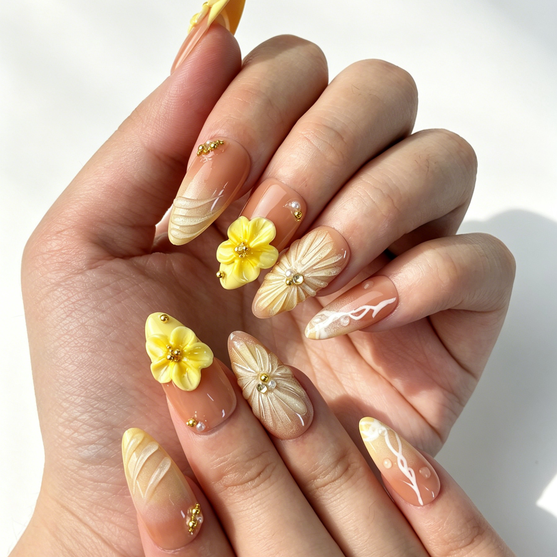 Close Up Nail Art, 3D Yellow Flower Gold Bead Embossed Decor