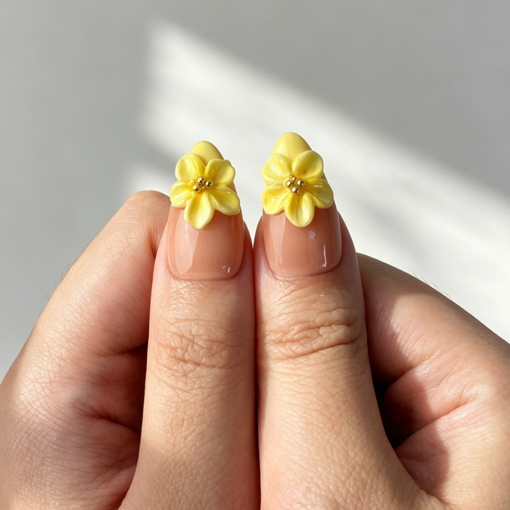 Warm Yellow Floral Press On Nails, Medium Almond Nude Fake Nails