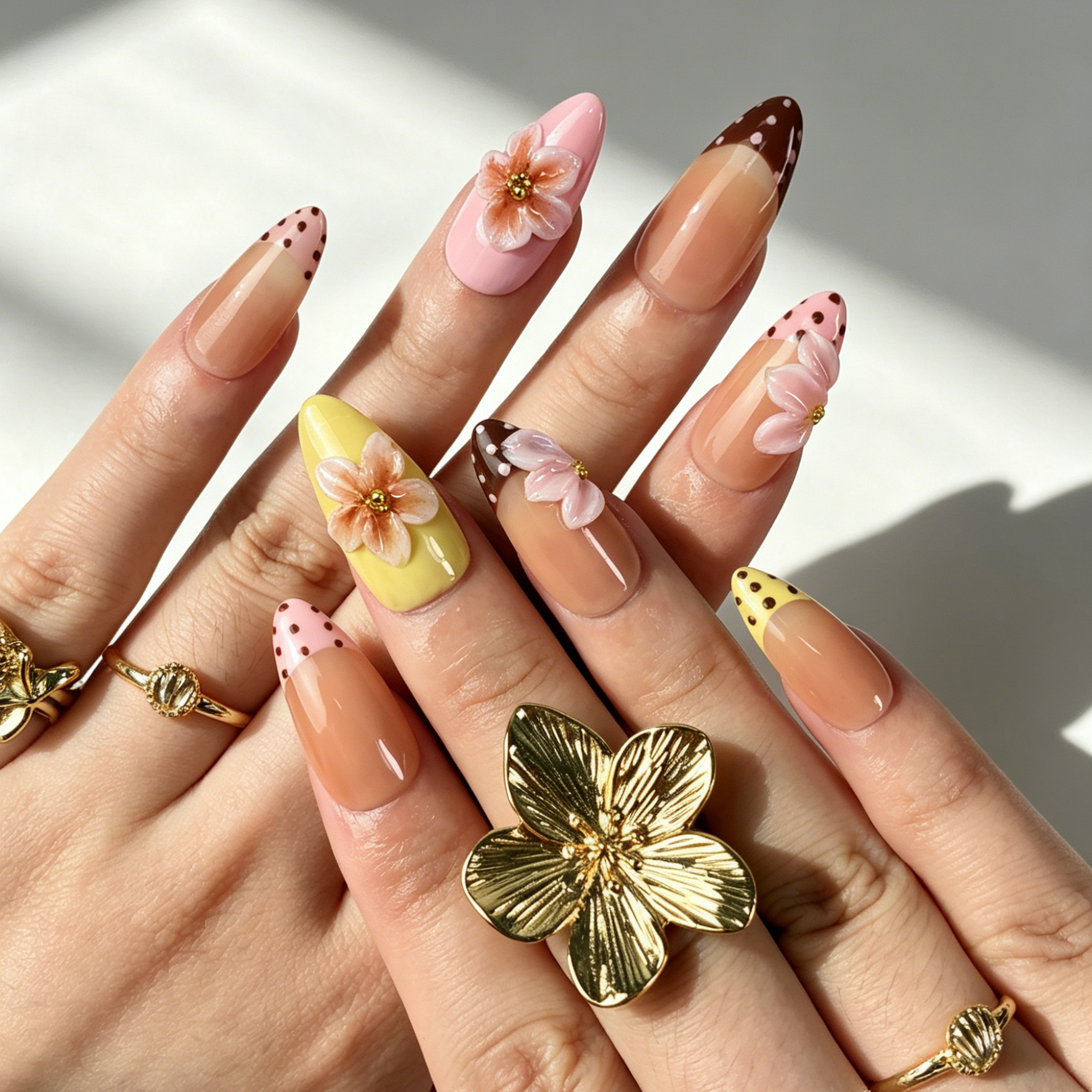 Sweet Nude French Press On Nails, Polka Dot 3D Flower Nails on Hand