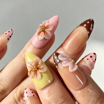 Glossy Medium Almond Sweet False Nails Retro Polka Dot Floral Decor