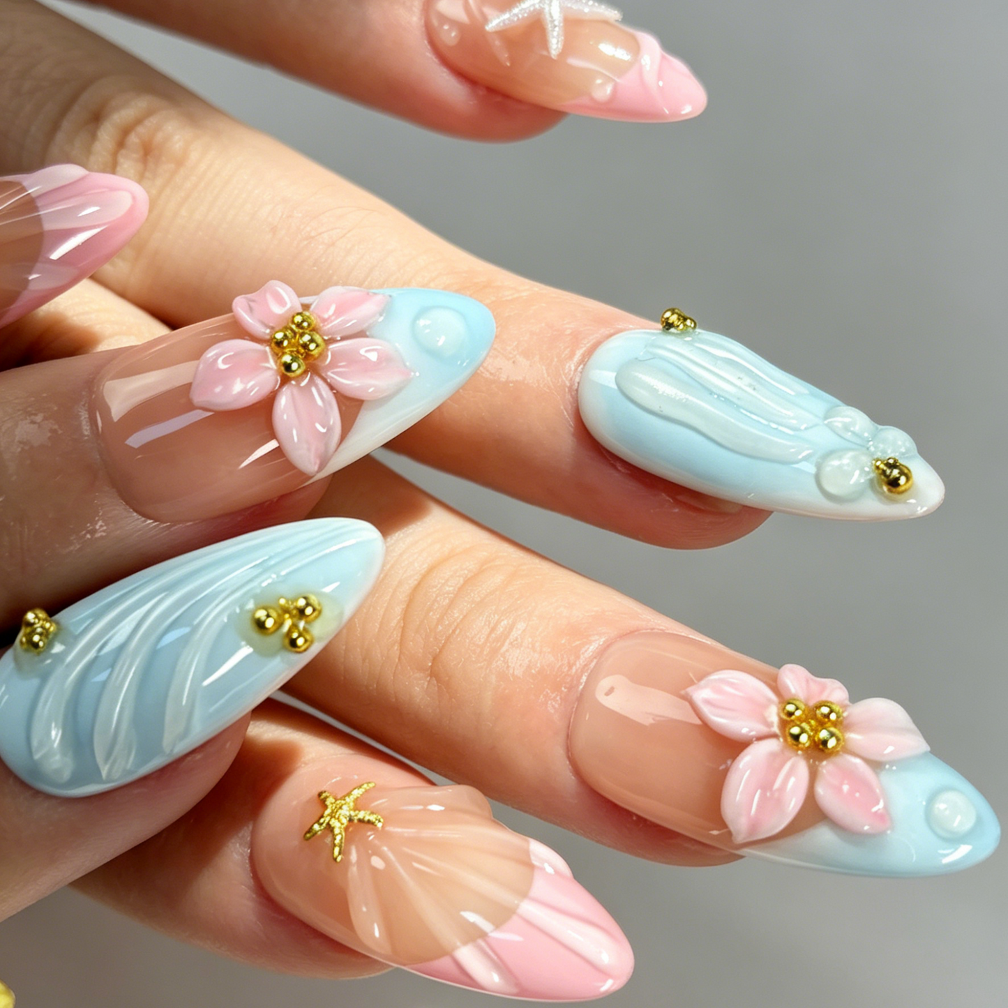 Glossy Medium Almond Summer Beach False Nails Pastel Starflower Starfish Decor