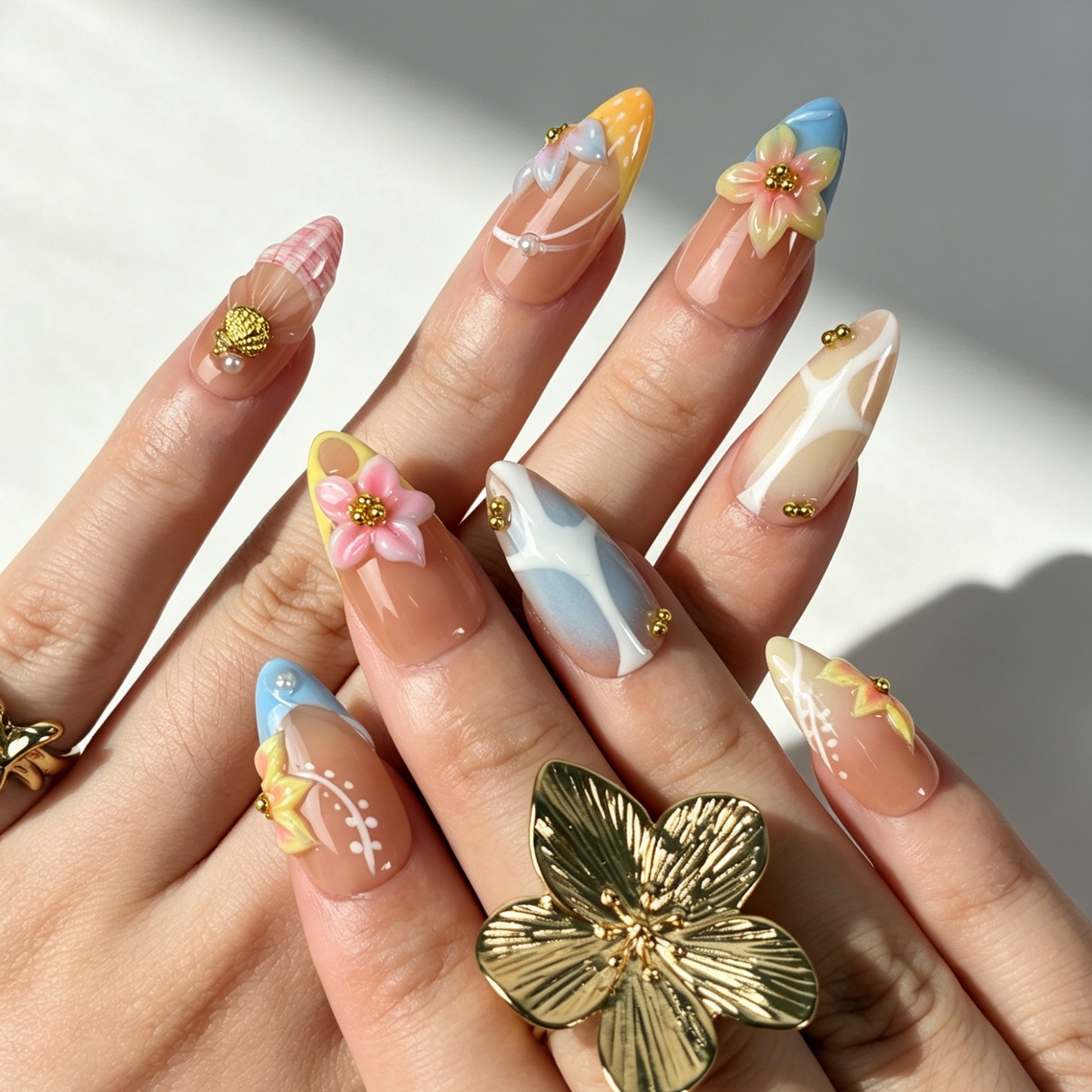 Summer Gradient Floral Press On Nails, Nude Colorful Flower Nails on Hand
