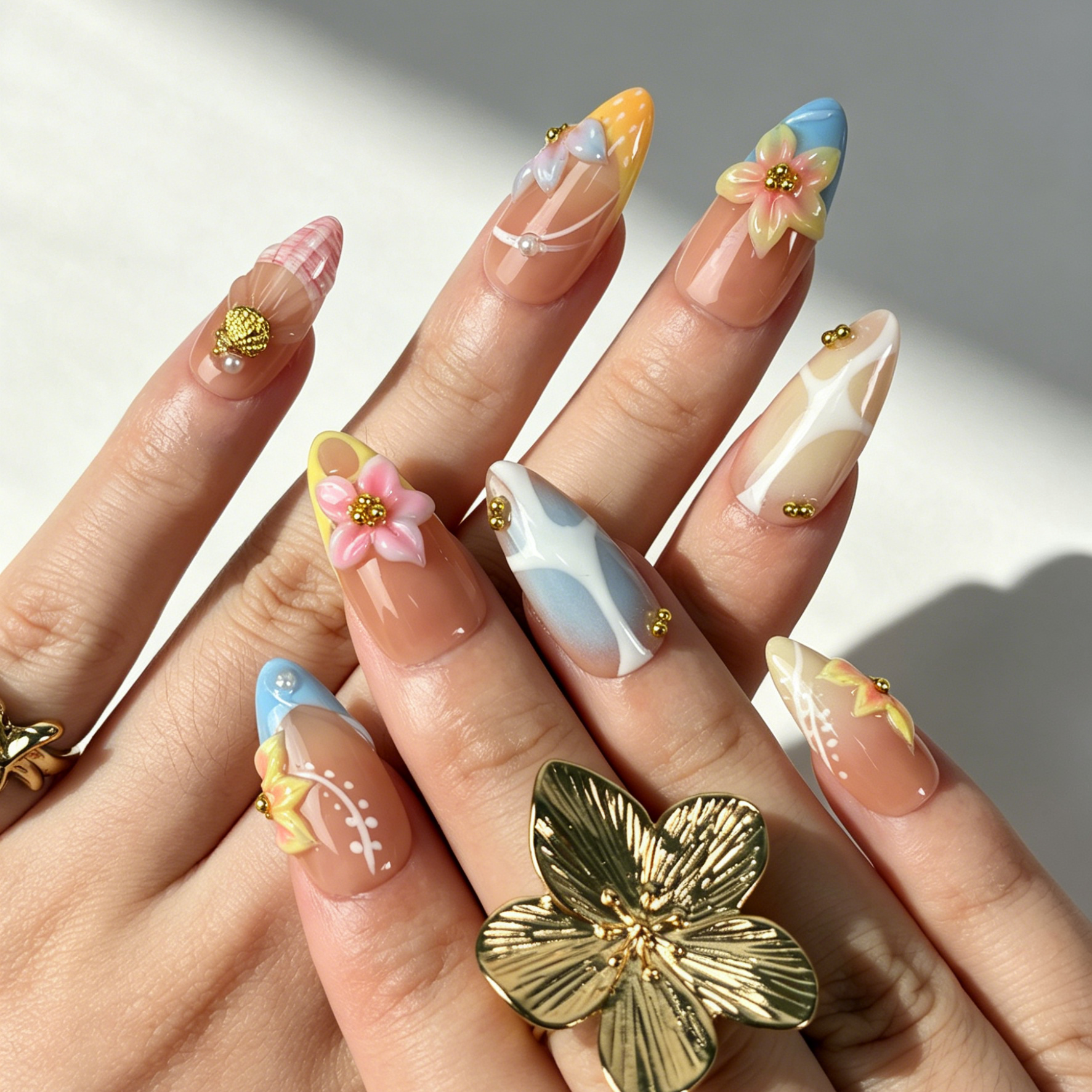 Summer Gradient Floral Press On Nails, Nude Colorful Flower Nails on Hand