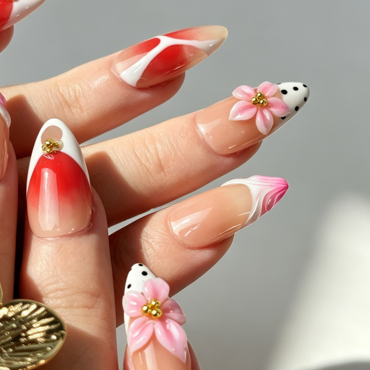 Glossy Medium Almond Sweet Spring False Nails Polka Dot Floral Decor