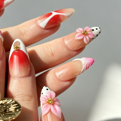 Glossy Medium Almond Sweet Spring False Nails Polka Dot Floral Decor