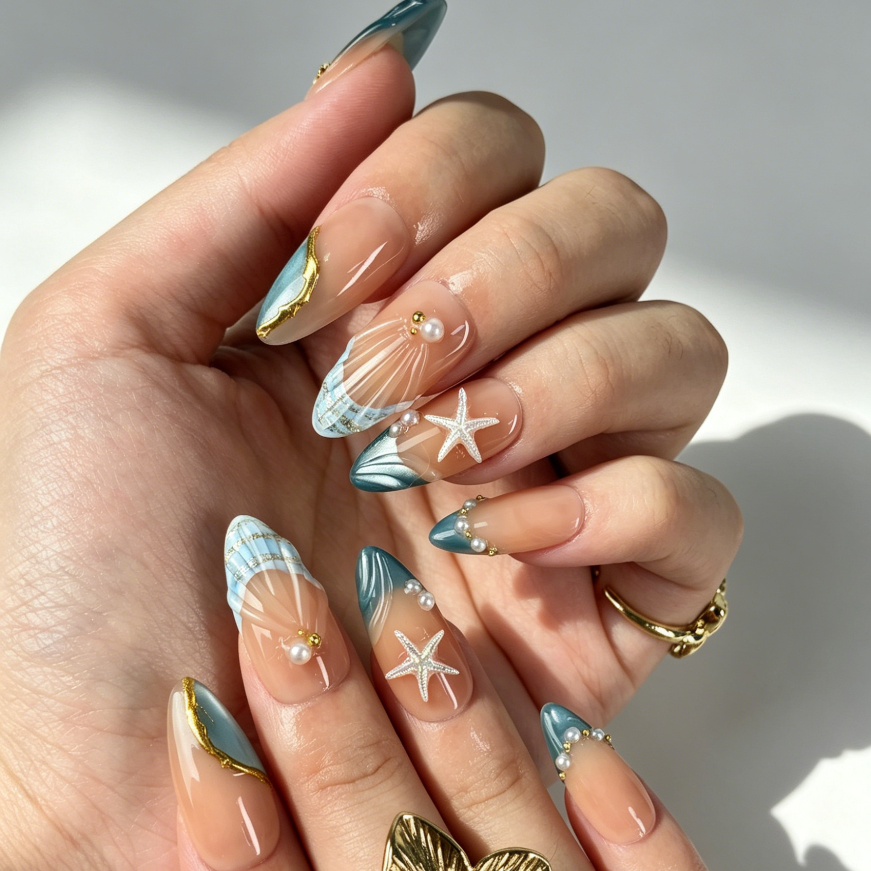Salon Quality Ocean Mermaid Teal Shell Hand Painted Press On Nail Kit Gold Foil Decor