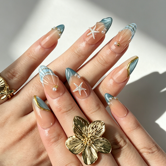 Metallic Teal Mermaid Gradient Reusable Fake Nails With Iridescent Starfish & Pearls