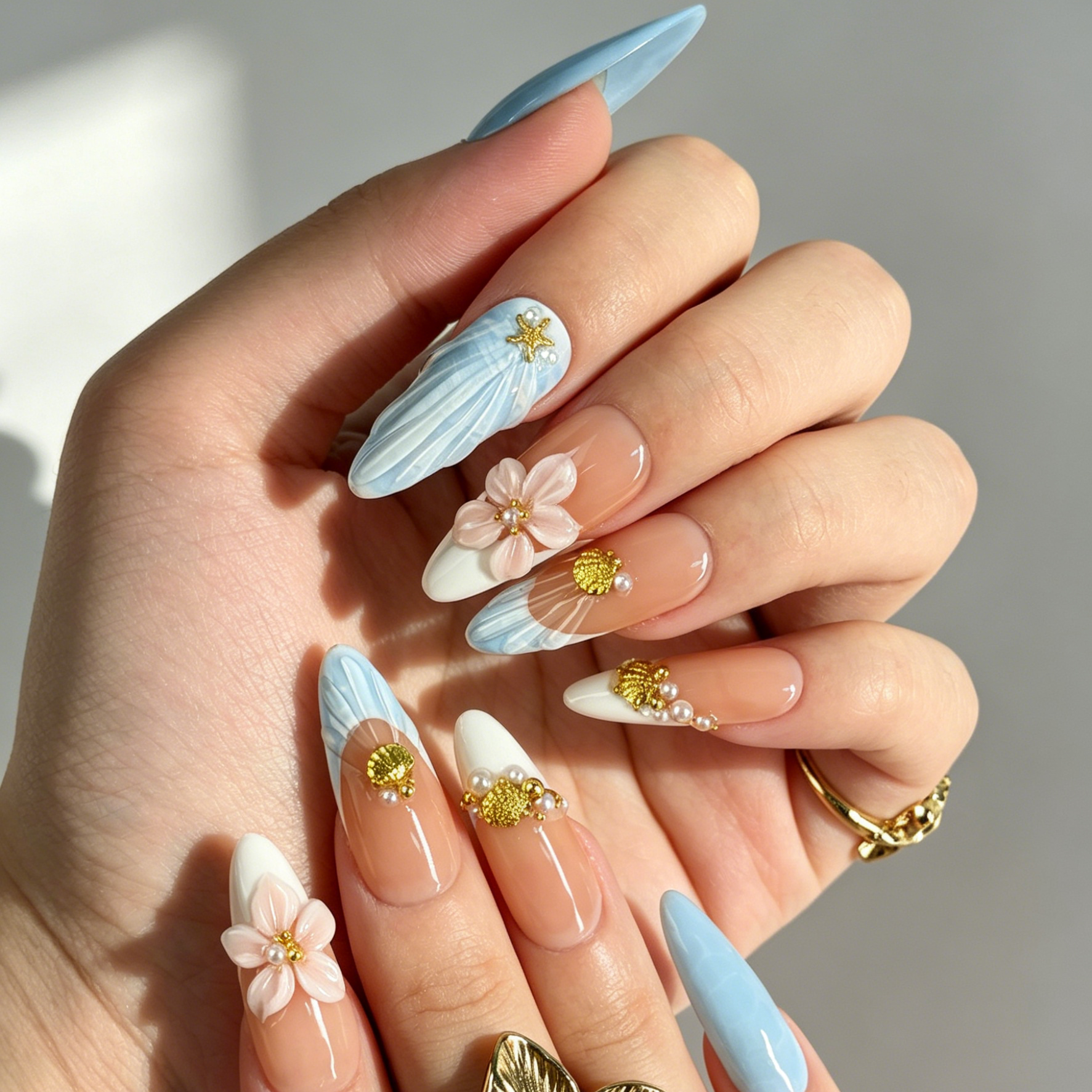 Close Up Ocean Nail Art, 3D Pink Flower Starfish Shell Pearl Decor