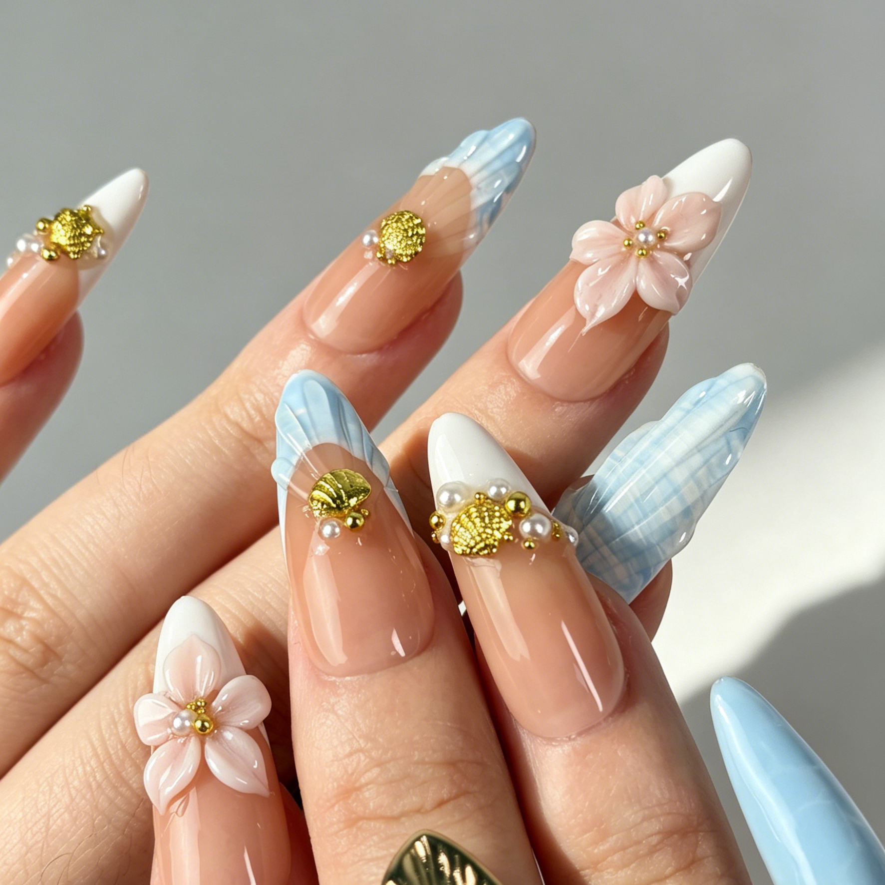 Coastal Floral Press On Nails, Long Almond Blue Nude Fake Nails