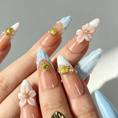 Coastal Floral Press On Nails, Long Almond Blue Nude Fake Nails