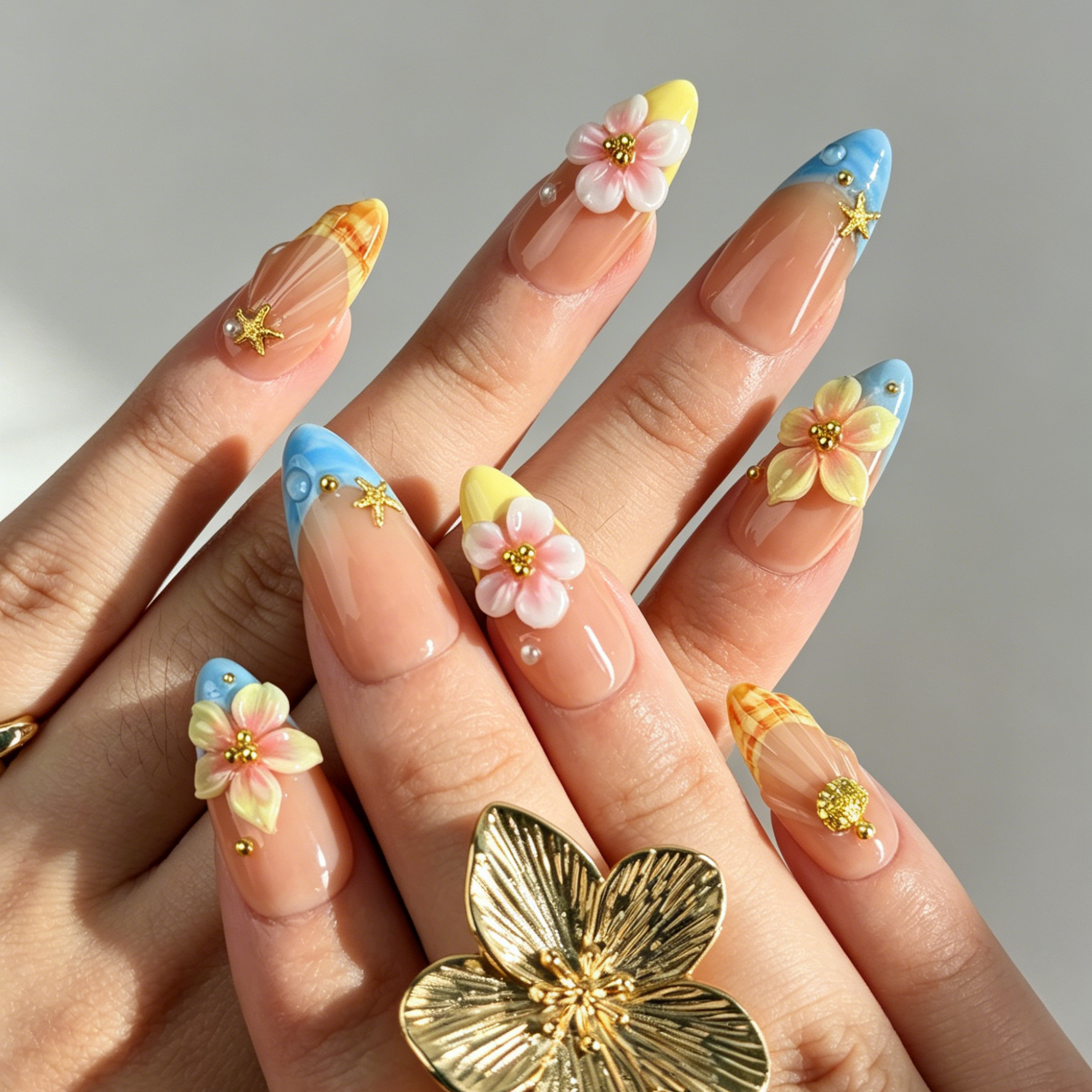 Beach Gradient Press On Nails, Nude Blue Yellow Floral Starfish Nails on Hand