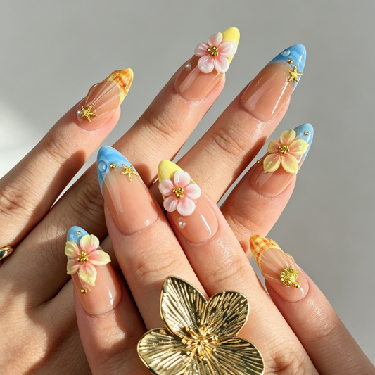 Beach Gradient Press On Nails, Nude Blue Yellow Floral Starfish Nails on Hand