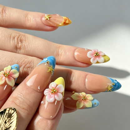 Glossy Medium Almond Summer Ocean False Nails With Starfish & Shell Decor