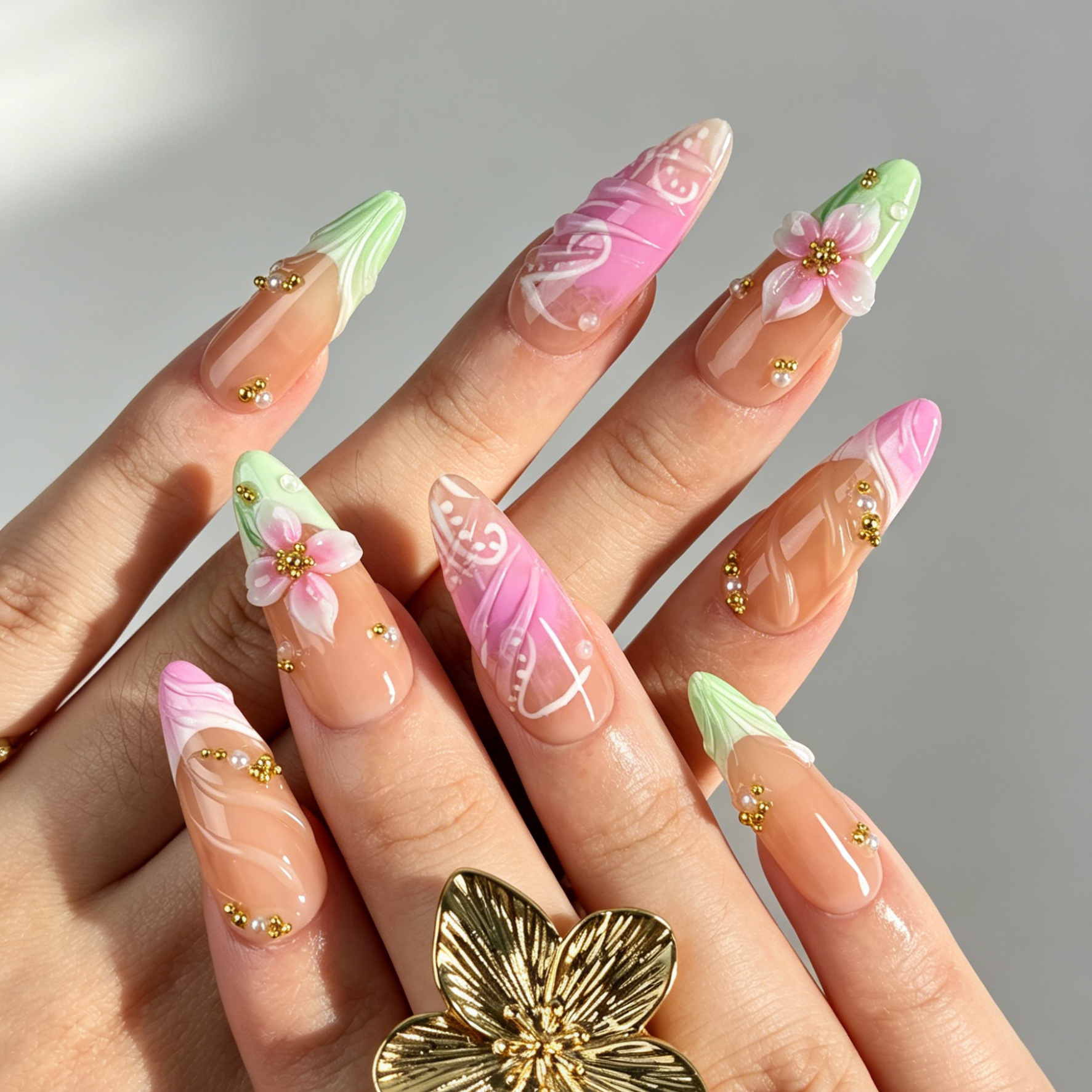 Close Up Nail Art, 3D Pink Flower Pearl Gold Bead Embossed Decor