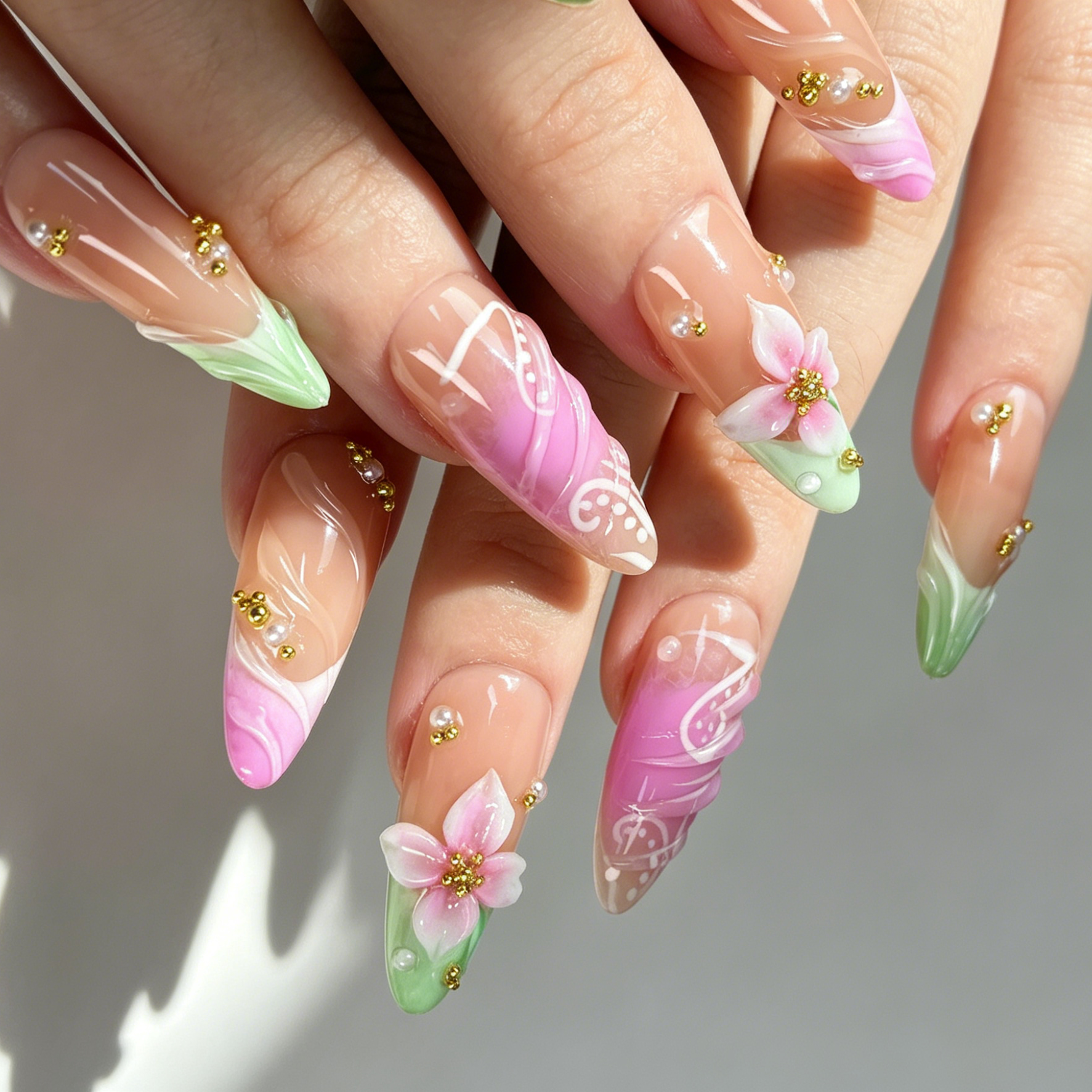 Spring Gradient Floral Press On Nails, Nude Pink Green Flower Nails on Hand
