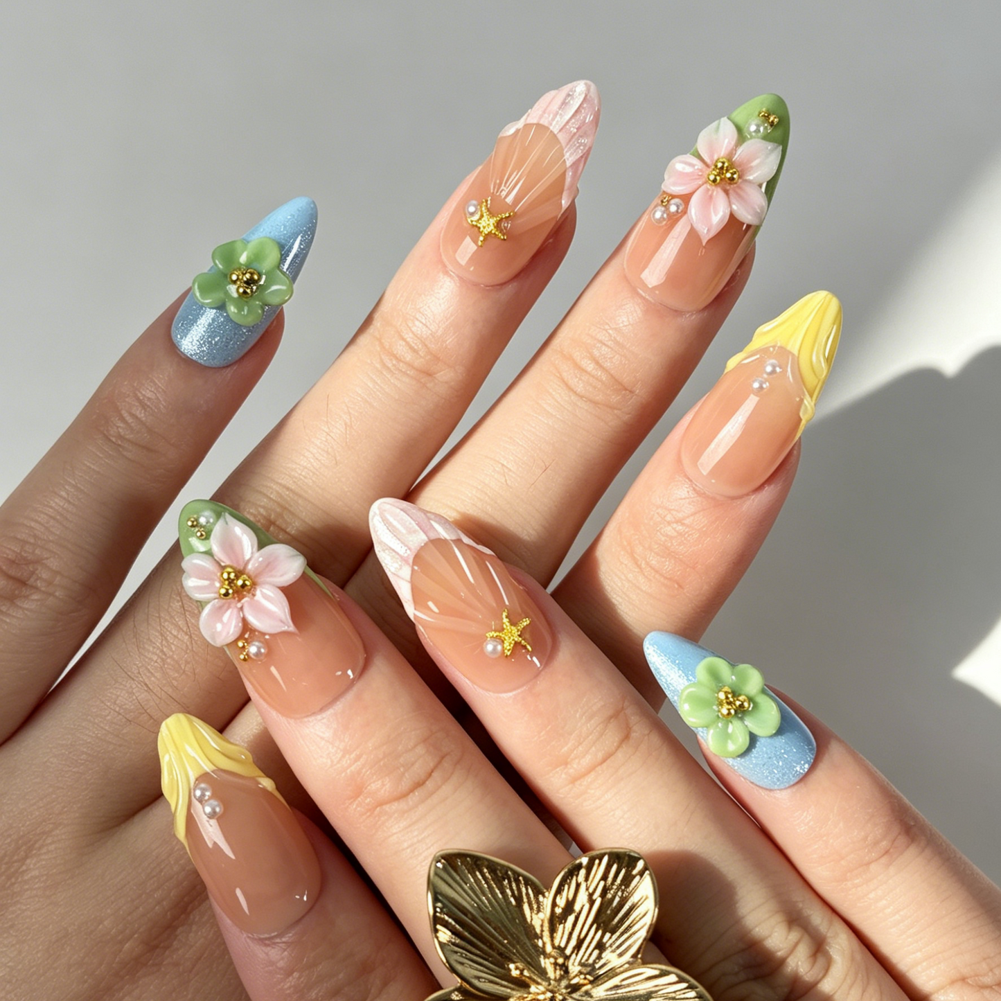 Soft Spring Press On Nails, Nude Pink Yellow Green Blue 3D Flower Starfish Nails on Hand