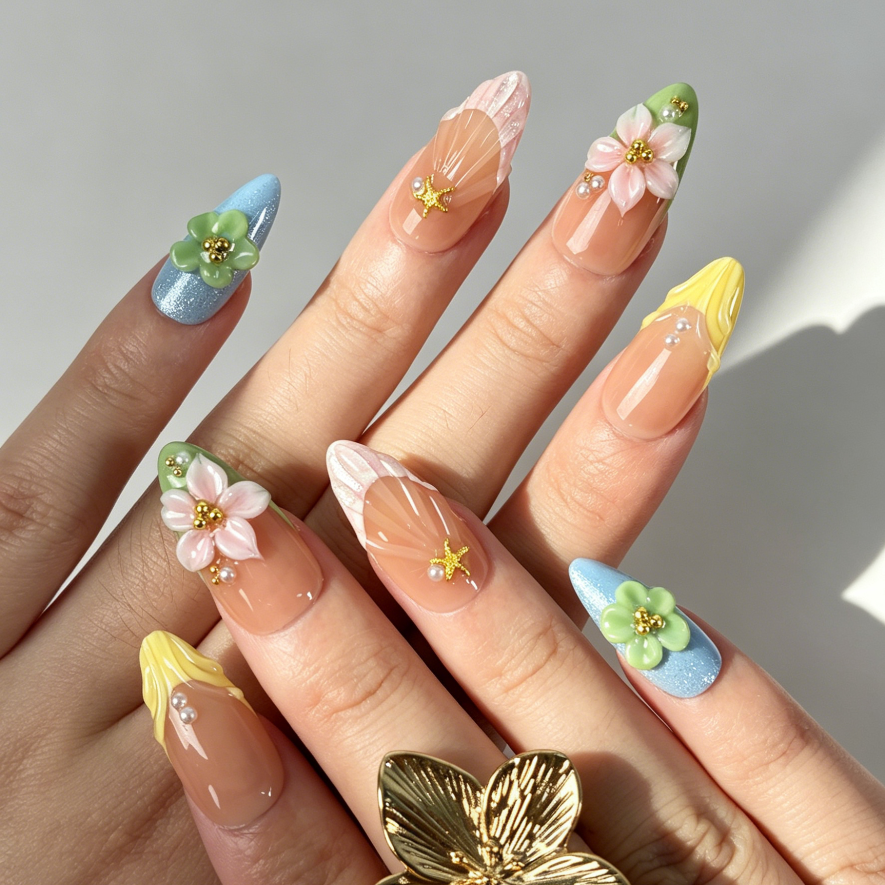 Soft Spring Press On Nails, Nude Pink Yellow Green Blue 3D Flower Starfish Nails on Hand