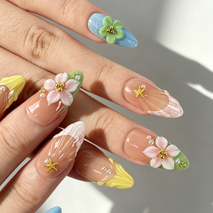 Sweet Pastel Floral Beach Press On Nails, Medium Almond Nude Fake Nails